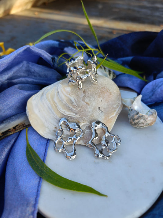 Yewllery Set  Contour Studs Earrings and Molten Orbit Ring