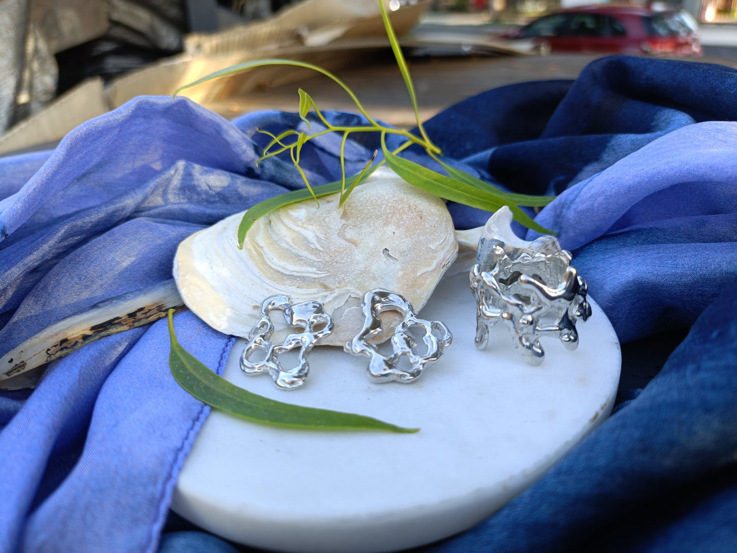 Yewllery Set  Contour Studs Earrings and Molten Orbit Ring