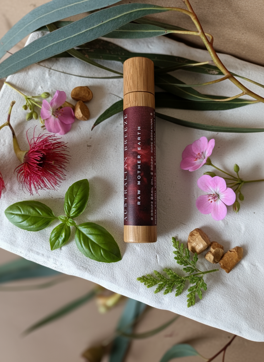 Roll-on-perfume wooden casing on a white surface with flowers and leaves