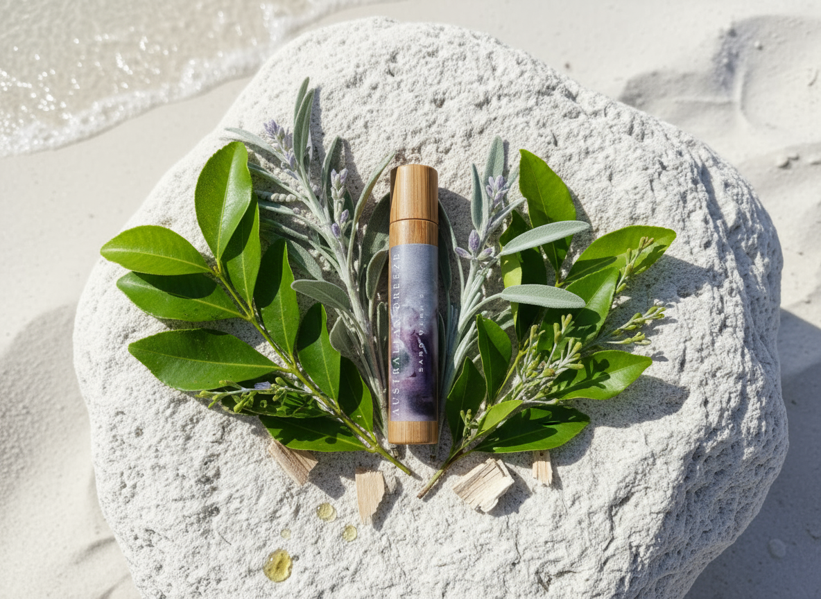 Roll-up bottle with a wooden cap surrounded by green leaves on a textured stone surface.